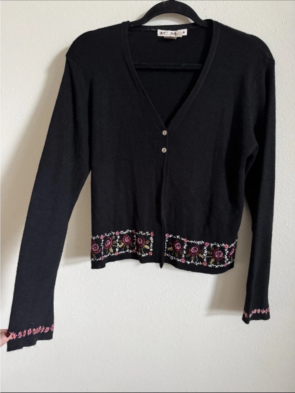 Vintage Y2K Black Floral Embroidered Knit Cardigan Size M